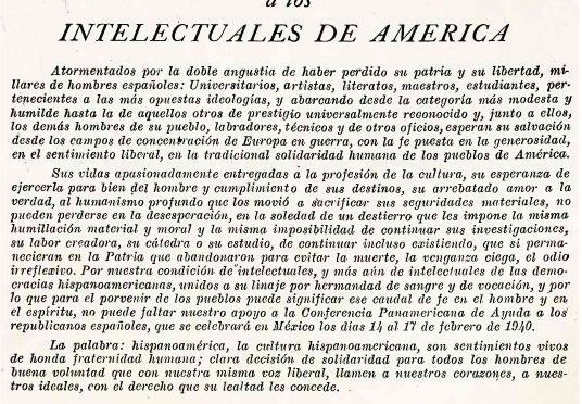 Llamamiento a los intelectuales de América. Conferencia Panamericana de Ayuda a los Republicanos Españoles, México, 1940